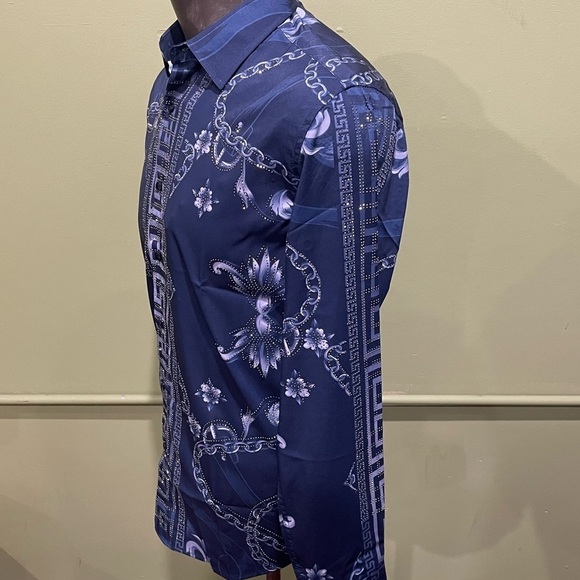 Deniko shirt button front blue rhinestones floral - Picture 3 of 4